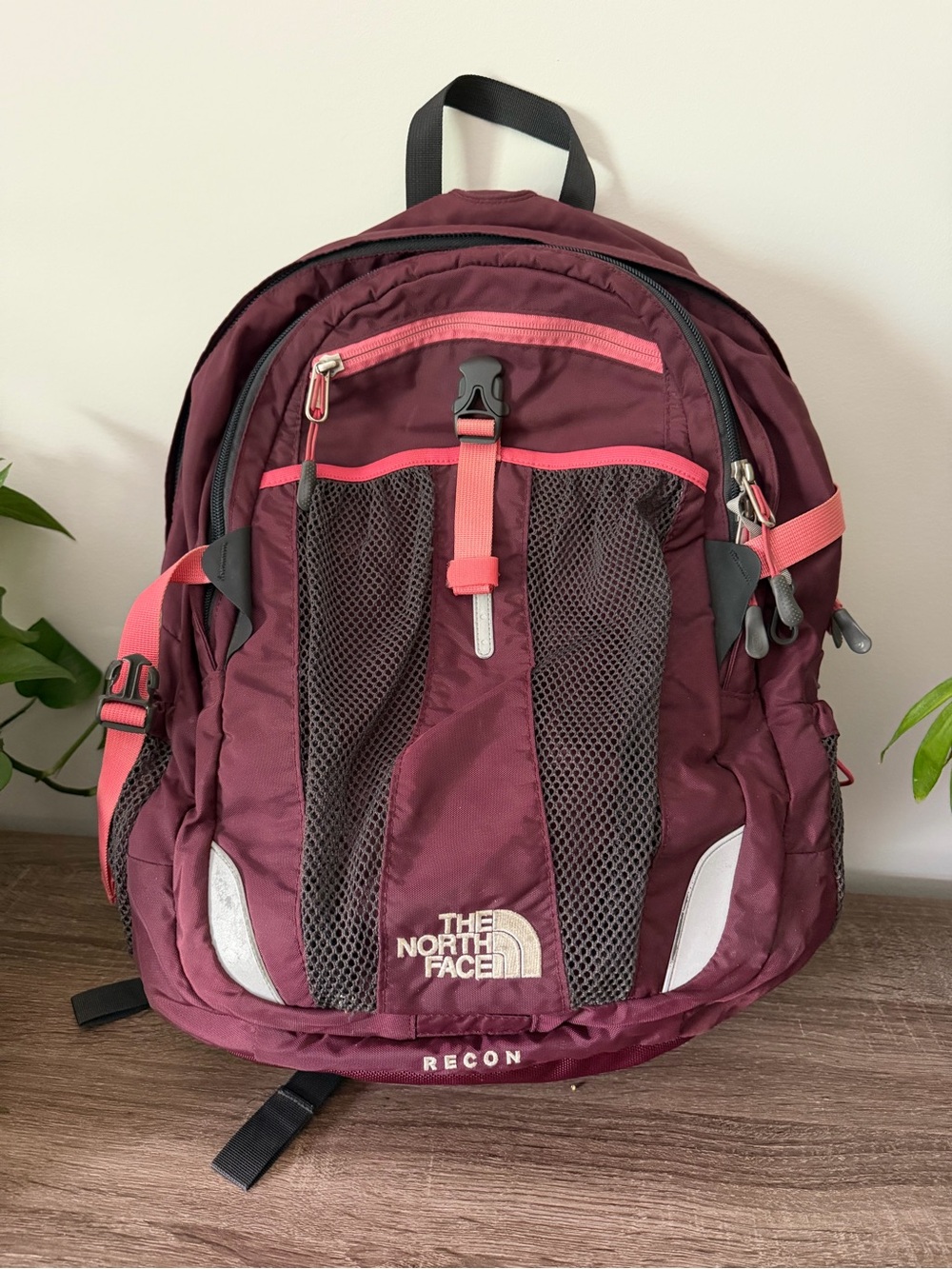 The North Face Recon Backpack in Burgundy with Pink Accents